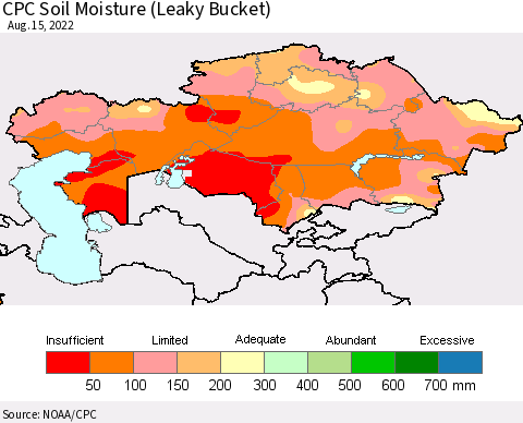 Kazakhstan CPC Soil Moisture (Leaky Bucket) Thematic Map For 8/11/2022 - 8/15/2022