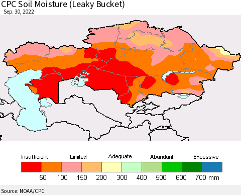 Kazakhstan CPC Soil Moisture (Leaky Bucket) Thematic Map For 9/26/2022 - 9/30/2022