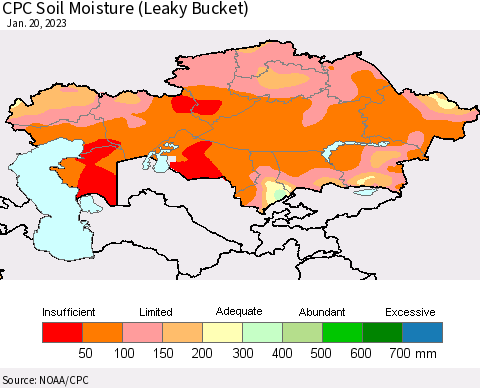Kazakhstan CPC Soil Moisture (Leaky Bucket) Thematic Map For 1/16/2023 - 1/20/2023