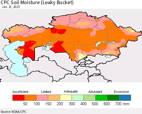 Kazakhstan CPC Soil Moisture (Leaky Bucket) Thematic Map For 1/26/2023 - 1/31/2023