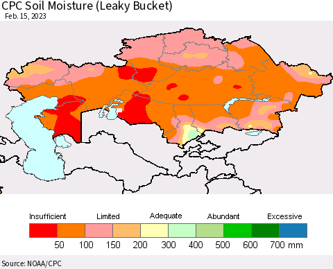 Kazakhstan CPC Soil Moisture (Leaky Bucket) Thematic Map For 2/11/2023 - 2/15/2023