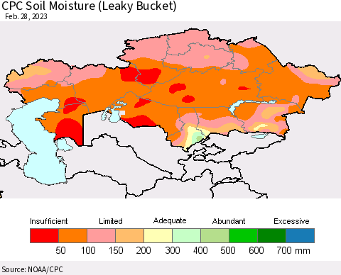 Kazakhstan CPC Soil Moisture (Leaky Bucket) Thematic Map For 2/26/2023 - 2/28/2023