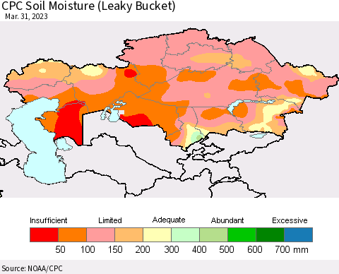 Kazakhstan CPC Soil Moisture (Leaky Bucket) Thematic Map For 3/26/2023 - 3/31/2023