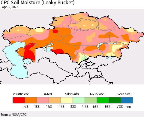 Kazakhstan CPC Soil Moisture (Leaky Bucket) Thematic Map For 4/1/2023 - 4/5/2023