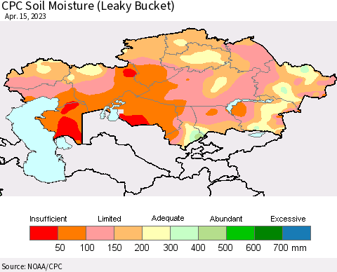 Kazakhstan CPC Soil Moisture (Leaky Bucket) Thematic Map For 4/11/2023 - 4/15/2023
