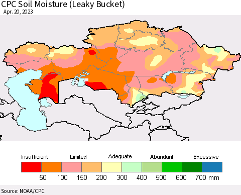 Kazakhstan CPC Soil Moisture (Leaky Bucket) Thematic Map For 4/16/2023 - 4/20/2023
