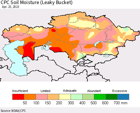 Kazakhstan CPC Soil Moisture (Leaky Bucket) Thematic Map For 4/21/2023 - 4/25/2023