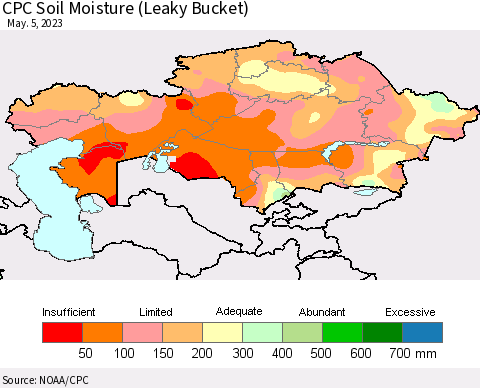 Kazakhstan CPC Soil Moisture (Leaky Bucket) Thematic Map For 5/1/2023 - 5/5/2023