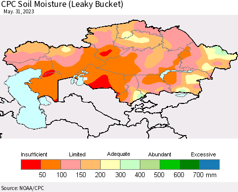 Kazakhstan CPC Soil Moisture (Leaky Bucket) Thematic Map For 5/26/2023 - 5/31/2023