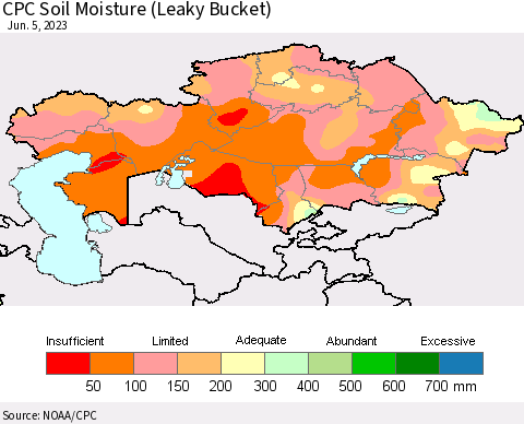 Kazakhstan CPC Soil Moisture (Leaky Bucket) Thematic Map For 6/1/2023 - 6/5/2023