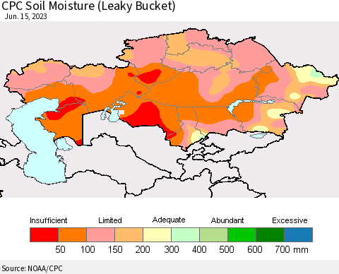 Kazakhstan CPC Soil Moisture (Leaky Bucket) Thematic Map For 6/11/2023 - 6/15/2023