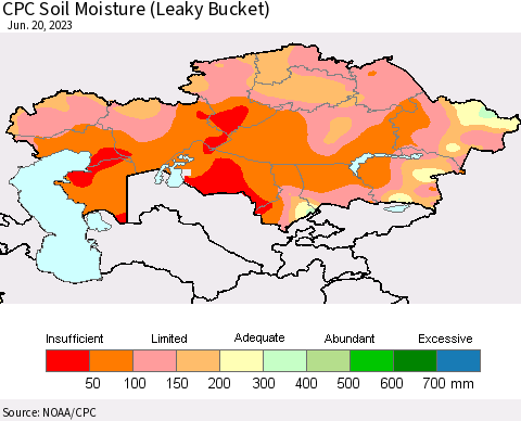 Kazakhstan CPC Soil Moisture (Leaky Bucket) Thematic Map For 6/16/2023 - 6/20/2023
