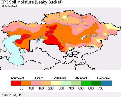 Kazakhstan CPC Soil Moisture (Leaky Bucket) Thematic Map For 6/26/2023 - 6/30/2023