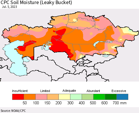 Kazakhstan CPC Soil Moisture (Leaky Bucket) Thematic Map For 7/1/2023 - 7/5/2023
