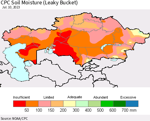 Kazakhstan CPC Soil Moisture (Leaky Bucket) Thematic Map For 7/6/2023 - 7/10/2023