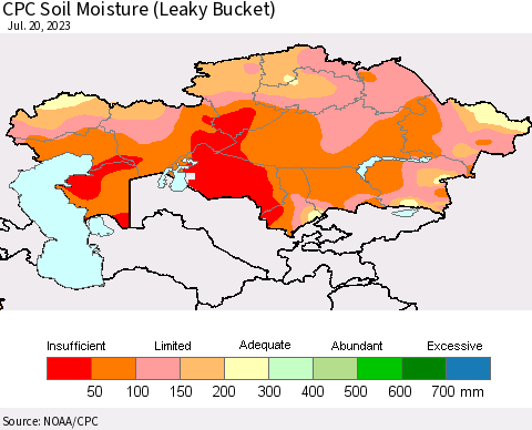 Kazakhstan CPC Soil Moisture (Leaky Bucket) Thematic Map For 7/16/2023 - 7/20/2023