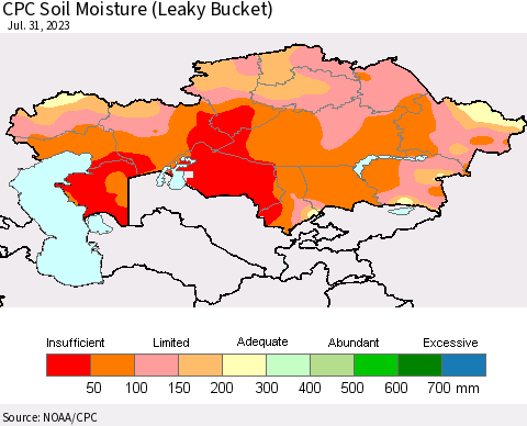 Kazakhstan CPC Soil Moisture (Leaky Bucket) Thematic Map For 7/26/2023 - 7/31/2023