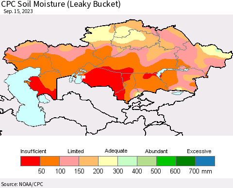 Kazakhstan CPC Soil Moisture (Leaky Bucket) Thematic Map For 9/11/2023 - 9/15/2023
