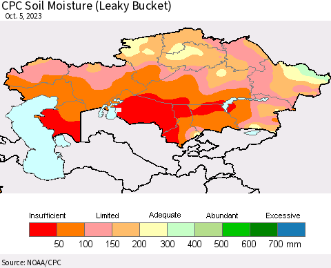 Kazakhstan CPC Soil Moisture (Leaky Bucket) Thematic Map For 10/1/2023 - 10/5/2023
