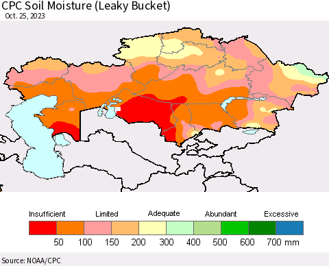 Kazakhstan CPC Soil Moisture (Leaky Bucket) Thematic Map For 10/21/2023 - 10/25/2023
