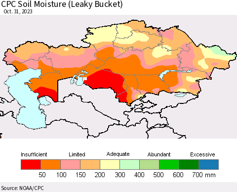 Kazakhstan CPC Soil Moisture (Leaky Bucket) Thematic Map For 10/26/2023 - 10/31/2023