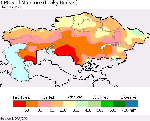 Kazakhstan CPC Soil Moisture (Leaky Bucket) Thematic Map For 11/21/2023 - 11/25/2023