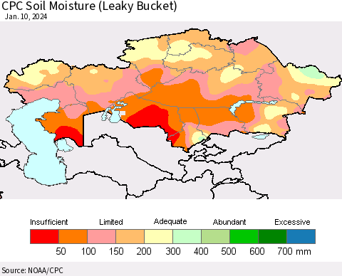 Kazakhstan CPC Soil Moisture (Leaky Bucket) Thematic Map For 1/6/2024 - 1/10/2024