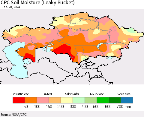 Kazakhstan CPC Soil Moisture (Leaky Bucket) Thematic Map For 1/16/2024 - 1/20/2024