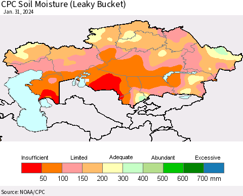 Kazakhstan CPC Soil Moisture (Leaky Bucket) Thematic Map For 1/26/2024 - 1/31/2024