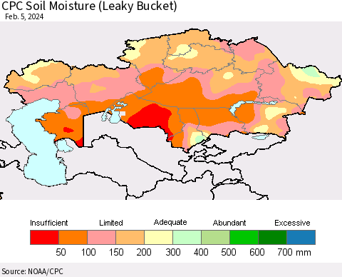 Kazakhstan CPC Soil Moisture (Leaky Bucket) Thematic Map For 2/1/2024 - 2/5/2024
