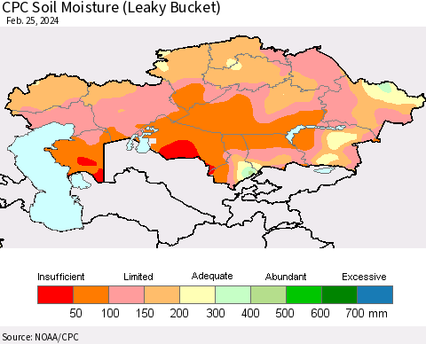 Kazakhstan CPC Soil Moisture (Leaky Bucket) Thematic Map For 2/21/2024 - 2/25/2024