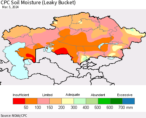 Kazakhstan CPC Soil Moisture (Leaky Bucket) Thematic Map For 3/1/2024 - 3/5/2024