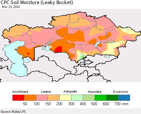 Kazakhstan CPC Soil Moisture (Leaky Bucket) Thematic Map For 3/21/2024 - 3/25/2024