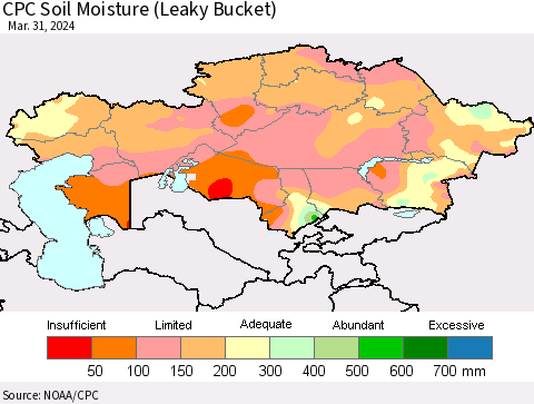 Kazakhstan CPC Soil Moisture (Leaky Bucket) Thematic Map For 3/26/2024 - 3/31/2024