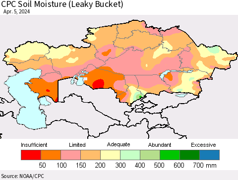 Kazakhstan CPC Soil Moisture (Leaky Bucket) Thematic Map For 4/1/2024 - 4/5/2024