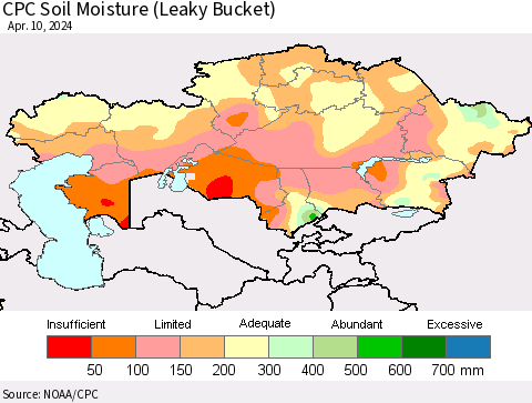 Kazakhstan CPC Soil Moisture (Leaky Bucket) Thematic Map For 4/6/2024 - 4/10/2024