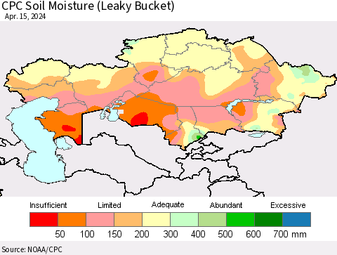 Kazakhstan CPC Soil Moisture (Leaky Bucket) Thematic Map For 4/11/2024 - 4/15/2024