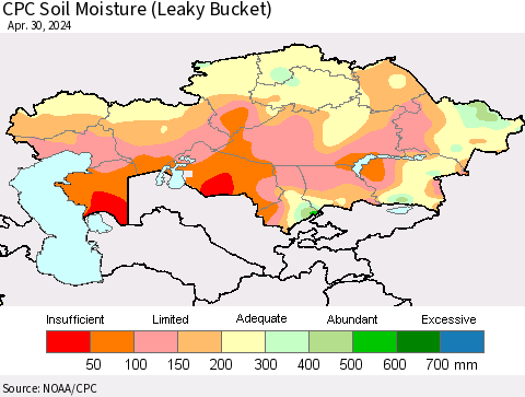 Kazakhstan CPC Soil Moisture (Leaky Bucket) Thematic Map For 4/26/2024 - 4/30/2024