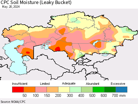 Kazakhstan CPC Soil Moisture (Leaky Bucket) Thematic Map For 5/16/2024 - 5/20/2024