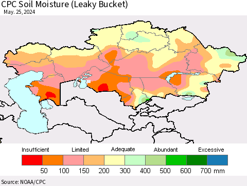 Kazakhstan CPC Soil Moisture (Leaky Bucket) Thematic Map For 5/21/2024 - 5/25/2024