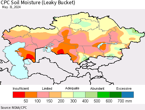 Kazakhstan CPC Soil Moisture (Leaky Bucket) Thematic Map For 5/26/2024 - 5/31/2024