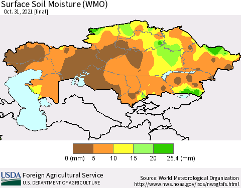 Kazakhstan Surface Soil Moisture (WMO) Thematic Map For 10/25/2021 - 10/31/2021