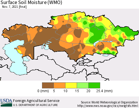 Kazakhstan Surface Soil Moisture (WMO) Thematic Map For 11/1/2021 - 11/7/2021