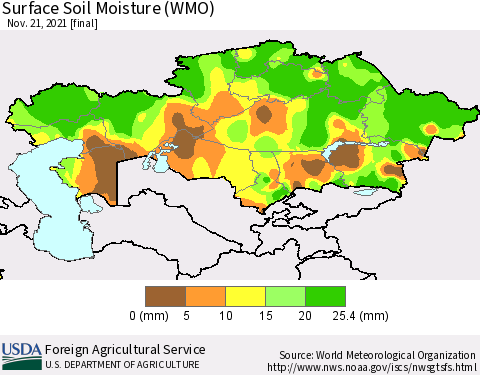 Kazakhstan Surface Soil Moisture (WMO) Thematic Map For 11/15/2021 - 11/21/2021