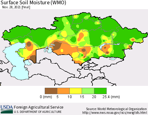 Kazakhstan Surface Soil Moisture (WMO) Thematic Map For 11/22/2021 - 11/28/2021
