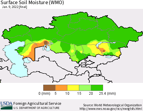 Kazakhstan Surface Soil Moisture (WMO) Thematic Map For 1/3/2022 - 1/9/2022