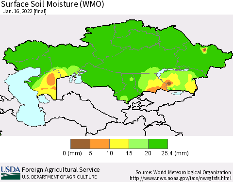 Kazakhstan Surface Soil Moisture (WMO) Thematic Map For 1/10/2022 - 1/16/2022