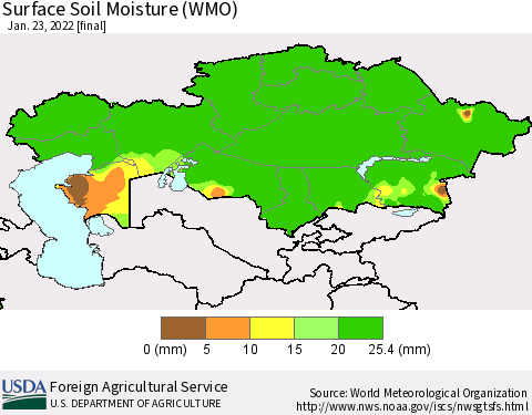 Kazakhstan Surface Soil Moisture (WMO) Thematic Map For 1/17/2022 - 1/23/2022