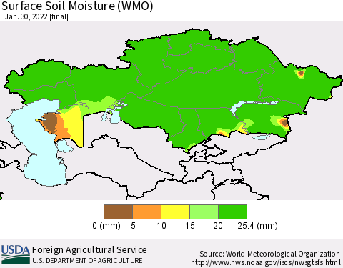 Kazakhstan Surface Soil Moisture (WMO) Thematic Map For 1/24/2022 - 1/30/2022