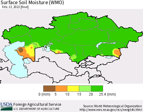 Kazakhstan Surface Soil Moisture (WMO) Thematic Map For 2/7/2022 - 2/13/2022
